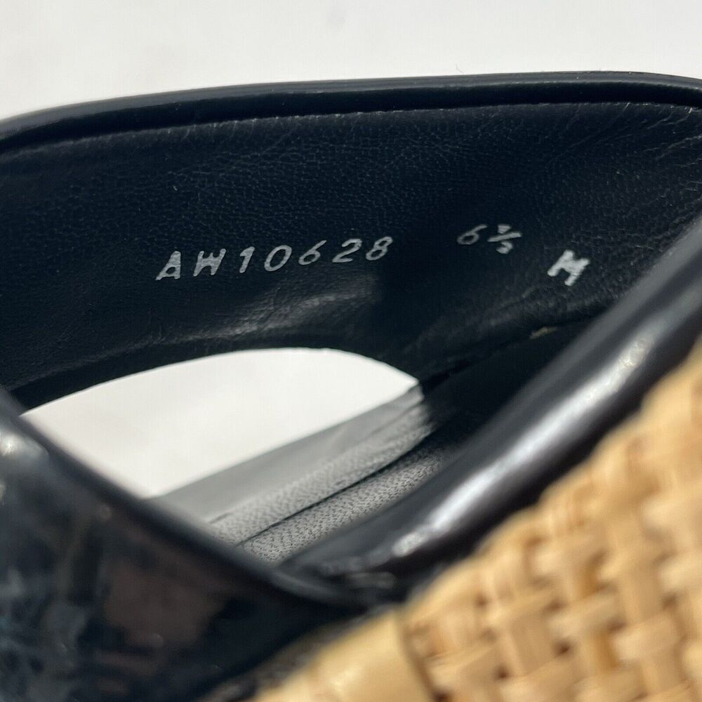 Stuart Weitzman Black Patent Wedge Slide Sandals Raffia Platform Women's 6.5 - Picture 7 of 9